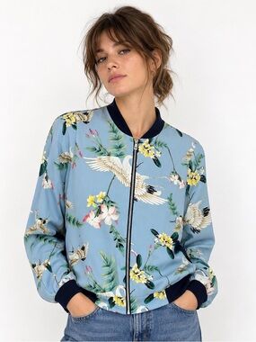 Y.A.S Crane Print Bomber Jacket – Blue Floral Bird Print – Size 38 / M